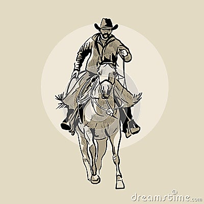 American cowboy riding horse. Hand drawn illustration. Hand sketch. Illustration. Vector Illustration