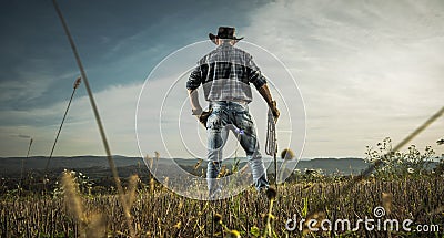 American Cowboy Supervise His Countryside Farmland Stock Photo