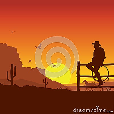 American Cowboy on wild west sunset landscape in the evening Vector Illustration