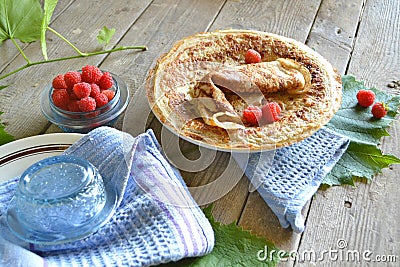 American crepes. Thin pancakes, blini on shabby table Stock Photo