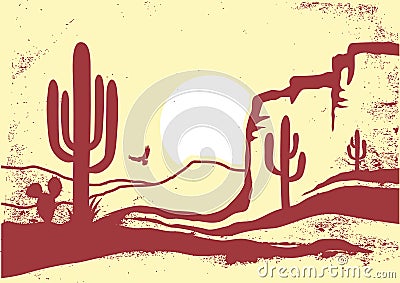 American Desert with cactuses and sun. Vintage vector of Arizona Desert Graphic illustration on old paper texture Vector Illustration