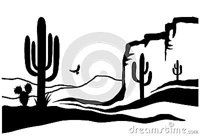 American Desert with cactuses. Vector Black silhouette of Arizona Desert Graphic illustration Vector Illustration
