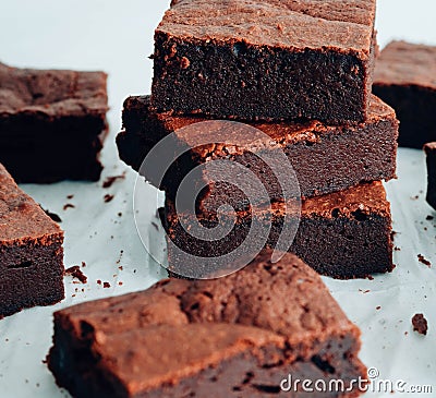 Chocolate brownie. Chocolate brownie tower. Stock Photo