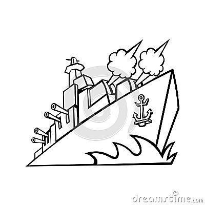 American Destroyer Warship or Battleship with Cannons Firing Black and White Vector Illustration