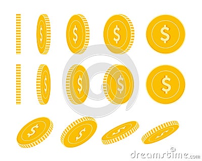 American dollar coins set, animation ready. USD yellow coins rotation. USA metal money in different Vector Illustration