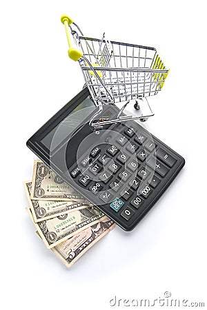 American dollars, calculator and grocery cart. Stock Photo