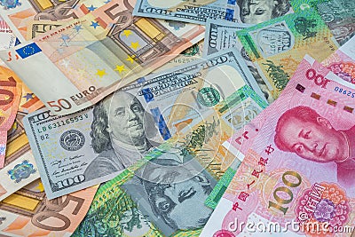 American dollars, Euro money, Australian dollars and Chinese yuan money. Stock Photo