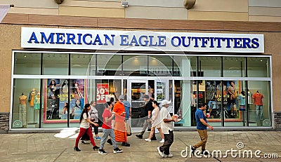 American Eagle Outfitters Store Front with diverse shoppers Editorial Stock Photo