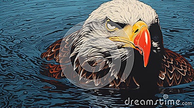 Bold Graphic Illustration Of Eagle In Water With Risograph Texture Cartoon Illustration