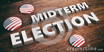 USA flag pin button, midterm elections, wooden background, 3d illustration. Cartoon Illustration