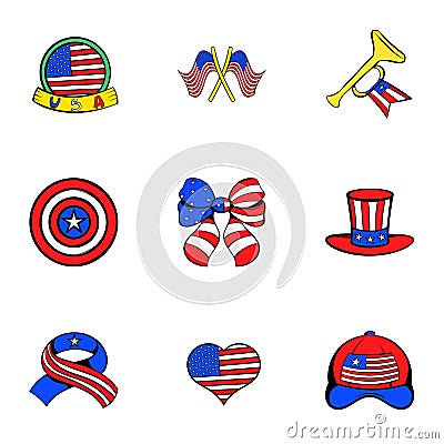 American emblem icons set, cartoon style Vector Illustration