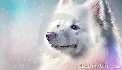American Eskimo Dog Dog Medium Shot White Pink Blue Magical Fantasy Bokeh. Generative AI Stock Photo