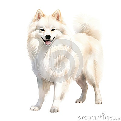 American Eskimo dog breed watercolor illustration. Cute pet drawing isolated on white background. AI Generated. Cartoon Illustration