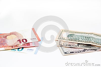 American euro and dollars banknotes for business design. Cash money various currency paper bills on white background Stock Photo