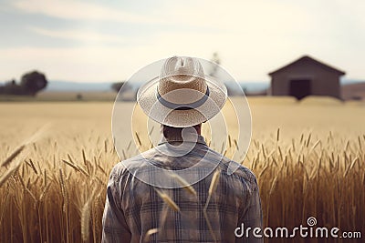 American farmer wheat field standing. Generate Ai Stock Photo