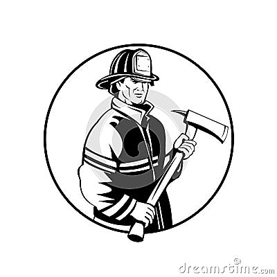 American Fireman Firefighter First Responder Holding Fire Ax Mascot Black and White Vector Illustration