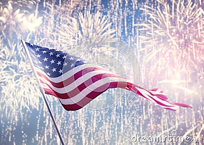 American flag on background of fireworks. Stock Photo