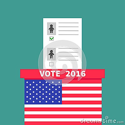 American flag Ballot Voting box with paper blank bulletin Man Woman concept Vector Illustration