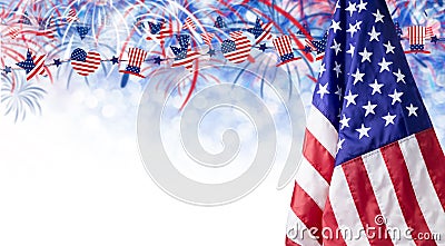 American flag and bokeh background with firework and copy space Stock Photo