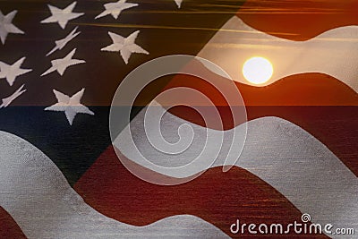 American flag and bright sunshine on ocean. USA patriotic concept Stock Photo