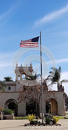 American Flag at the Casa del Prado Historic Architecture in Balboa Park San Diego California Editorial Stock Photo