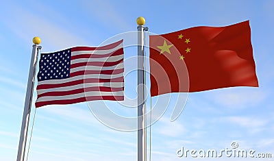 American flag. Chinese flag. Fluttering in the wind. 3D illustration Stock Photo