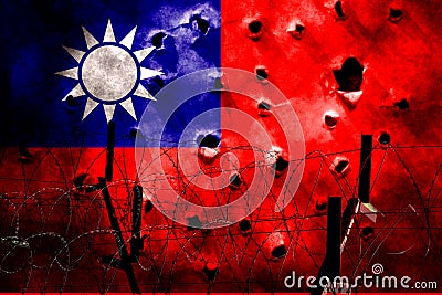 American flag. Chinese flag. Taiwan flag. Exposure of cracked stone background Stock Photo