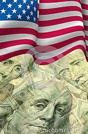 american flag and collage of presidents and american dollars Stock Photo