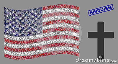 American Flag Collage of Religious Cross and Scratched Hinduism Seal Vector Illustration