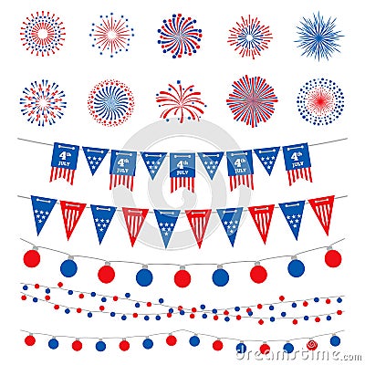 American flag color banners, garlands and fireworks vector collection. Happy Independence Day, 4th July, american Vector Illustration