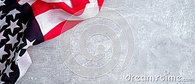 American flag on concrete stone background with copy space. Banner template for USA Memorial day, Presidents day, Veterans day, Stock Photo
