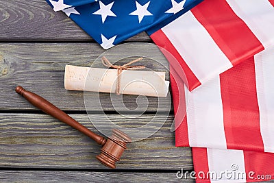 American flag, Constitution and wooden gavel. Stock Photo