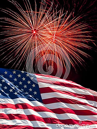 The American Flag and Fireworks Stock Photo