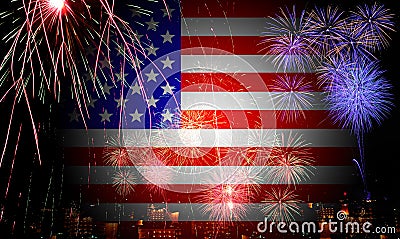 The American flag and fireworks in the independence day Stock Photo