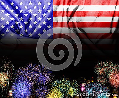 The American flag and fireworks in the independence day Stock Photo