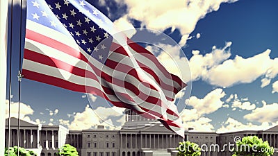 The American flag flutters in the wind on a Sunny day against the blue sky and the Capitol. 3D Rendering Stock Photo