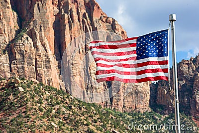 American Flag flying in Zion Park Stock Photo
