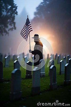 An American Flag on a Gravestone for Veteran's Day, Mourner with Umbrella Stock Photo