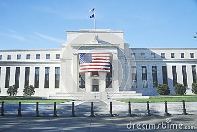 American Flag hung on The Federal Reserve Bank, Washington, D.C. Stock Photo