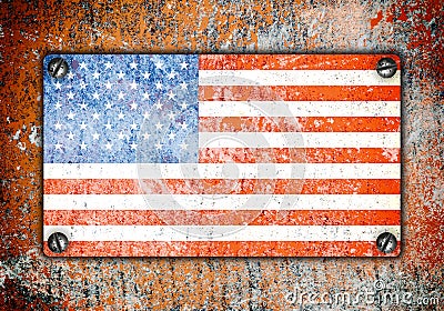 American flag on metal plate screwed screws on wall Stock Photo