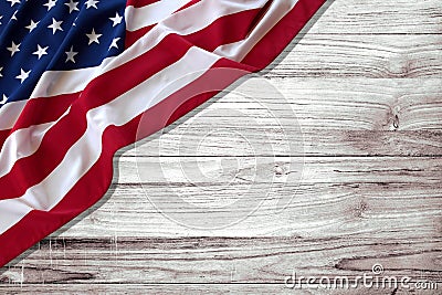 American Flag Over Whitewashed Wood Background For United States Holidays. Stock Photo