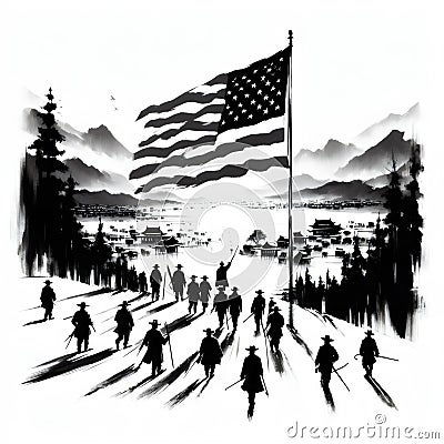 American flag and people on the background of the lake. National Freedom Day. Hand-drawn illustration. Stock Photo
