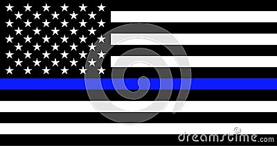 American flag with police support symbol Thin blue line. Vector Illustration