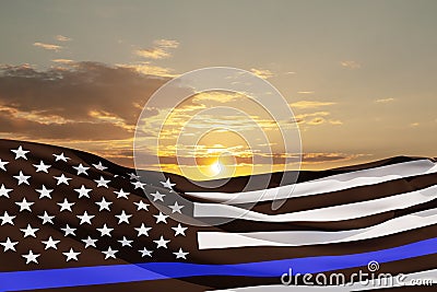 American flag with police support symbol Thin blue line on sunset sky. Stock Photo