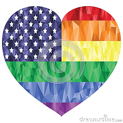 American Flag on the Rainbow Background with low poly art effect in the heart shape representing gay people love, rights, equality Vector Illustration