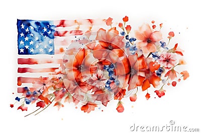 American flag with red and blue summer flowers for 4th of July Independence Day or Memorial Day. Stock Photo