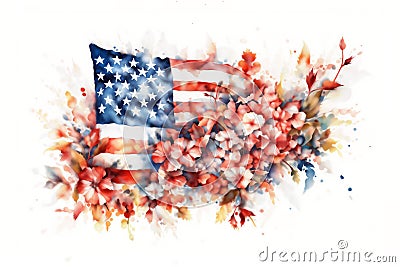 American flag with red and blue summer flowers for 4th of July Independence Day or Memorial Day. Stock Photo