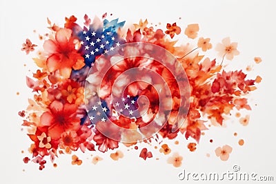 American flag with red summer flowers for 4th of July Independence Day or Memorial day. Stock Photo