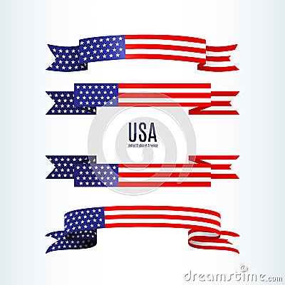 American flag ribbon stars stripes Patriotic American theme USA flag of a wavy ribbon shape icon Design element for Independence Vector Illustration