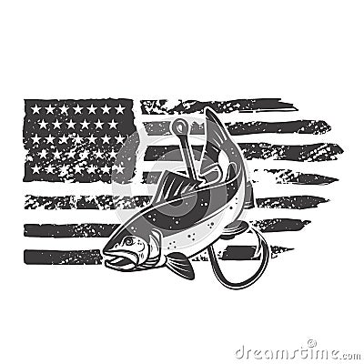 American flag with salmon fish illustration. Design element for poster, card, banner, t shirt. Vector Illustration